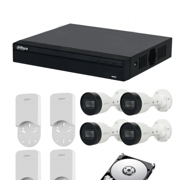 Kit IP de 4 canales con NVR con 4 puertos PoE, 1TB de almacenamiento, y 4 cámaras bullet de 2MP con clasificación IP67. Incluye caja de conexiones PFA12A de policarbonato resistente, ideal para exteriores.