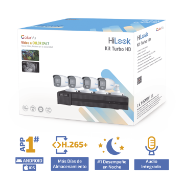 Kit TurboHD 1080p / DVR 4 Canales / 4 Cámaras Bala ColorVu con Micrófono Integrado / Fuente de Poder / Accesorios de Instalación **No Incluye Disco Duro**